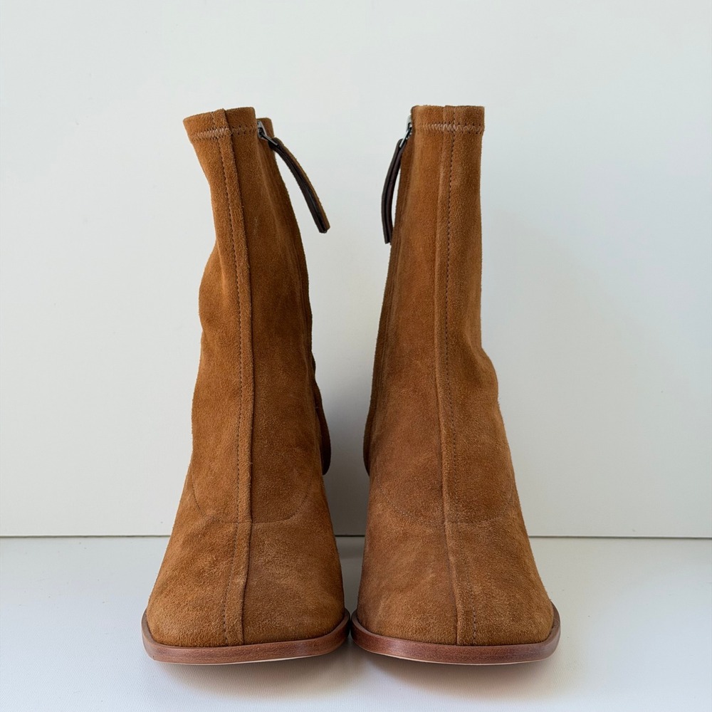 Reformation Louie Stretch Sock Boot Women 8.5 Brown Suede Square Toe Block Heel - Picture 9 of 13